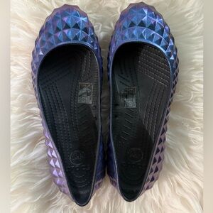 CROCS Iridescent Blue-Purple Quilted Ballet Flats studded Epcot Ball Size 7 EUC